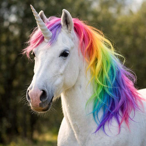 Das Bild zeigt ein weißes Einhorn. Die Mähne hat die Farben eines Regenbogens. 