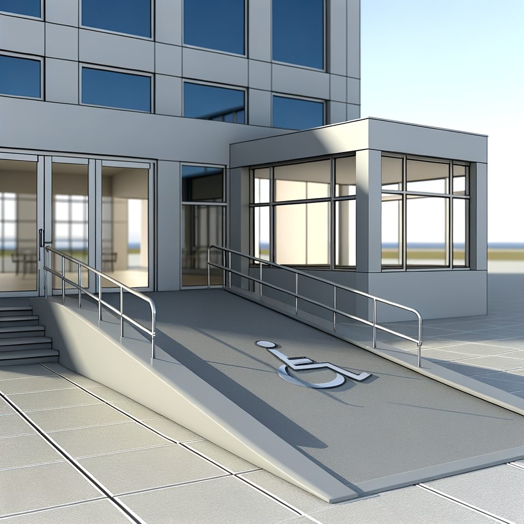 Foto einer Rollstuhl-Rampe, die zu einem Gebäude führt.