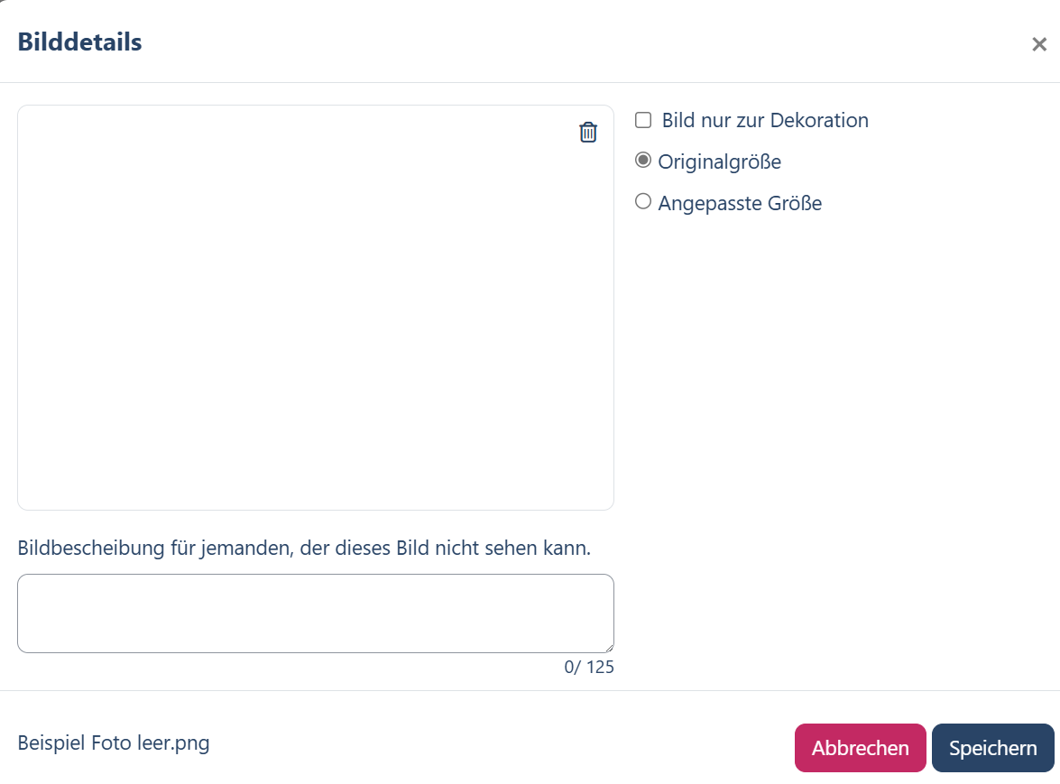 Einstellungsformular eines Medienobjektes. Man sieht, dass man die Größe und den Alternativtext eingeben kann. 