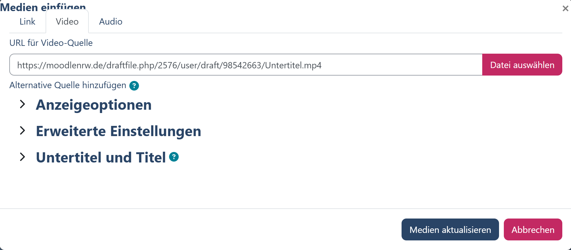 Eines Kontextmenü, wo man ein Video hinzufügen kann. Man sieht, dass man Anzeigeoptionen und weitere ausklappen kann