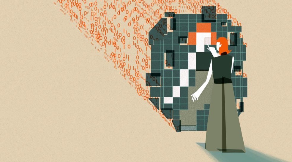 Dieses Bild zeigt eine Person mit orangefarbenem Haar, die mit einer großen abstrakten digitalen Spiegelstruktur interagiert. Die Struktur besteht aus Quadraten in verschiedenen Grün-, Orange-, Weiß- und Schwarztönen, die so zusammengesetzt sind, dass sie die Figur der Person widerspiegeln. Die Hand der Figur ist ausgestreckt, als würde sie auf die gespiegelte Struktur zeigen oder mit ihr interagieren. Hinter der Struktur sind Ströme von Binärcodes (0 und 1) in Orange zu sehen, die auf das digitale Raster zulaufen.