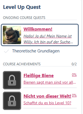 Blockansicht des Plugins mit einer Übersicht über die Quests und die Achievements.