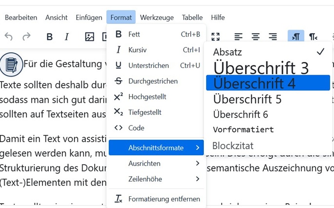 Formatierungsleiste des Moodle-Editors, im Kontextmenü "Format" ist "Abschnittsformate" markiert, dort "Überschrift 4".