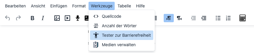 Ansicht Editor: Klick auf Reiter Werkzeuge. Hervorhebung "Tester zur Barrierefreiheit".